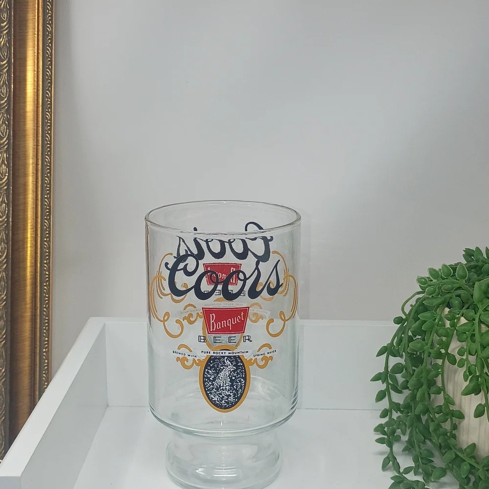 Coors Banquet Beer Glass - Clear Glass with Gold & Red Accents